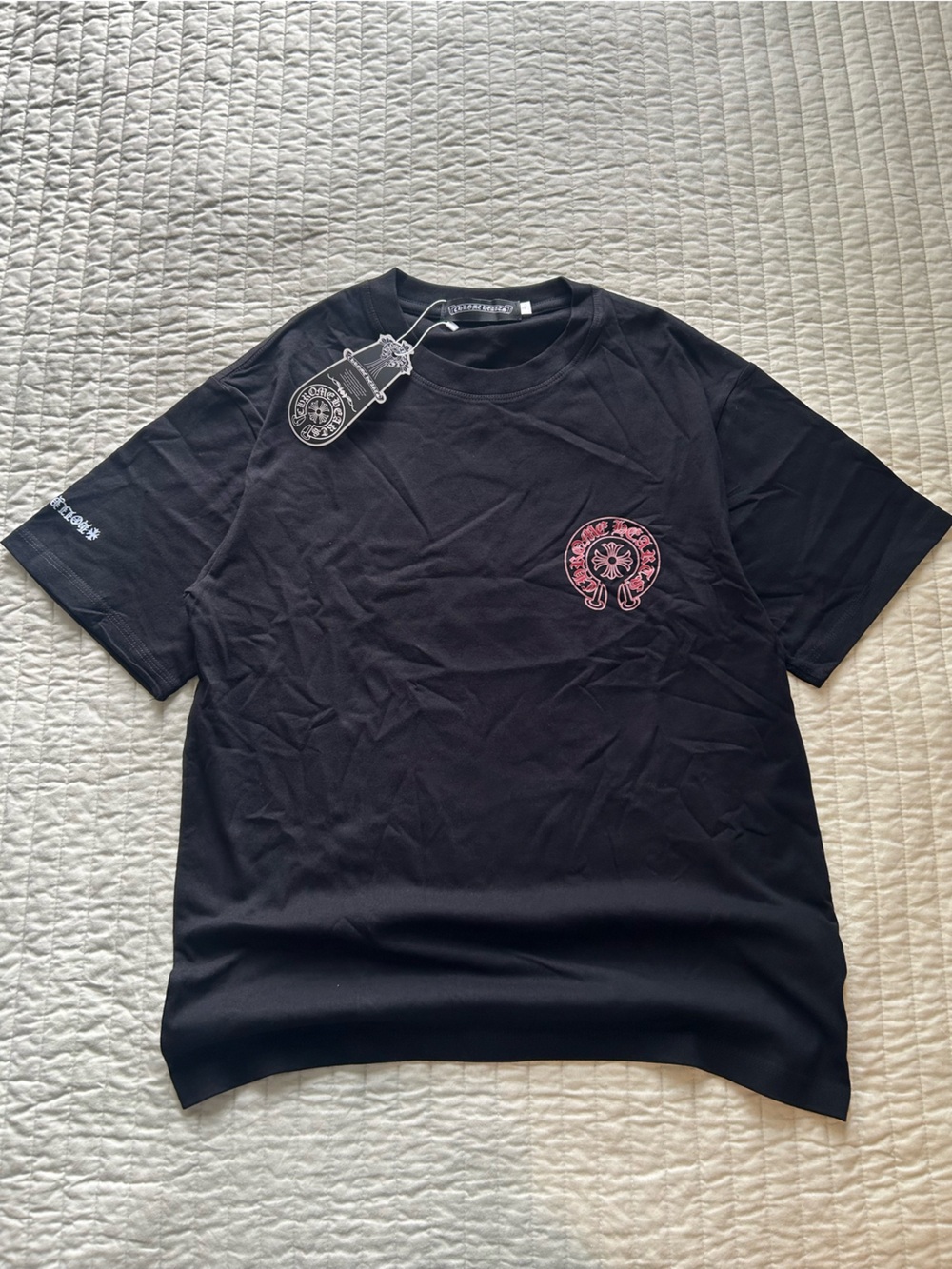 Chrome Hearts Black Short Sleeve Tee with Pink Logo